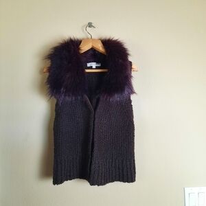 LOFT Burgundy Eggplant Vest with Plush Fur Collar Wool Alpaca Mohair Blend